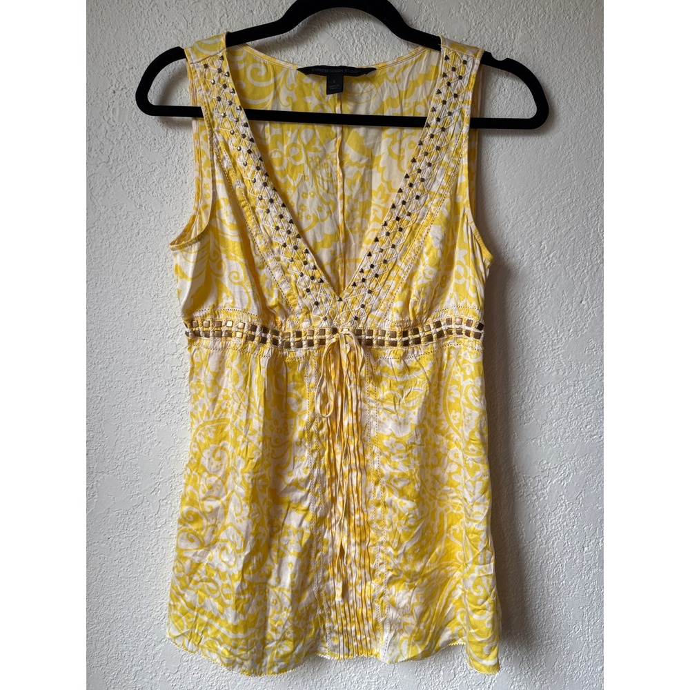 Express Design Studio Yellow Silk Studded Empire Waist Boho Tunic Top Small